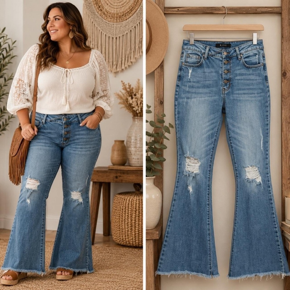 Risen Flare Jeans 32 Light Wash Button Fly Distressed Raw Hem Stretch Y2K Boho